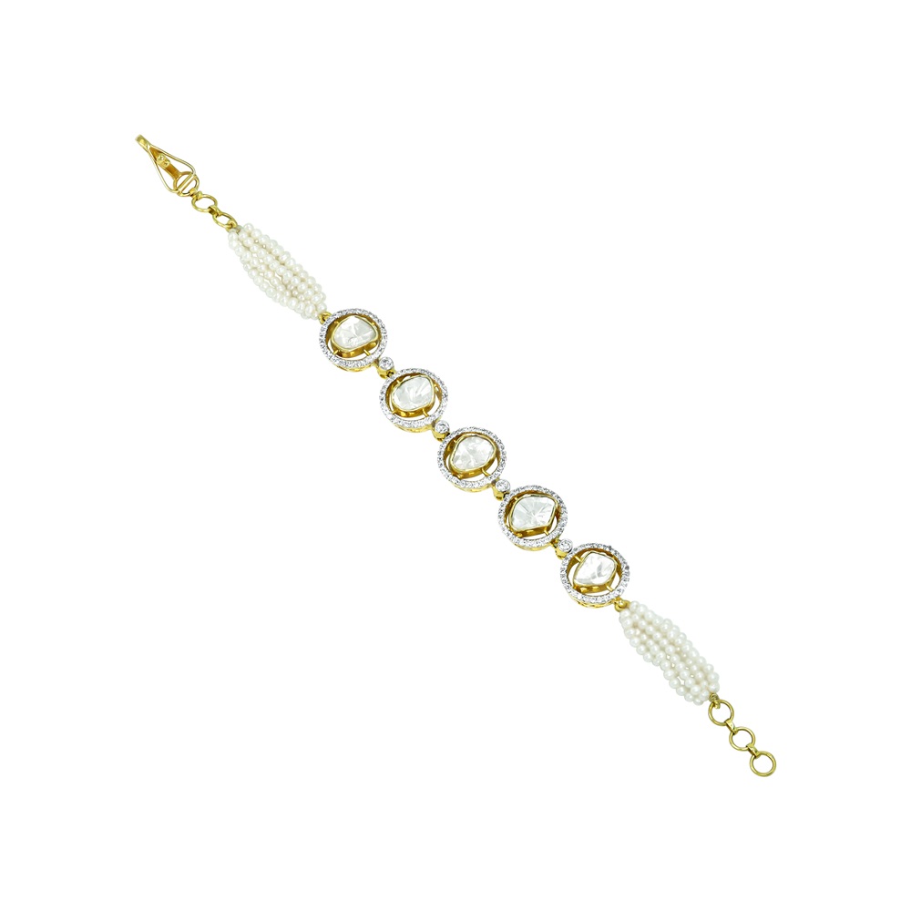 Polki Bracelet with Diamond Halos and Pearl Strands